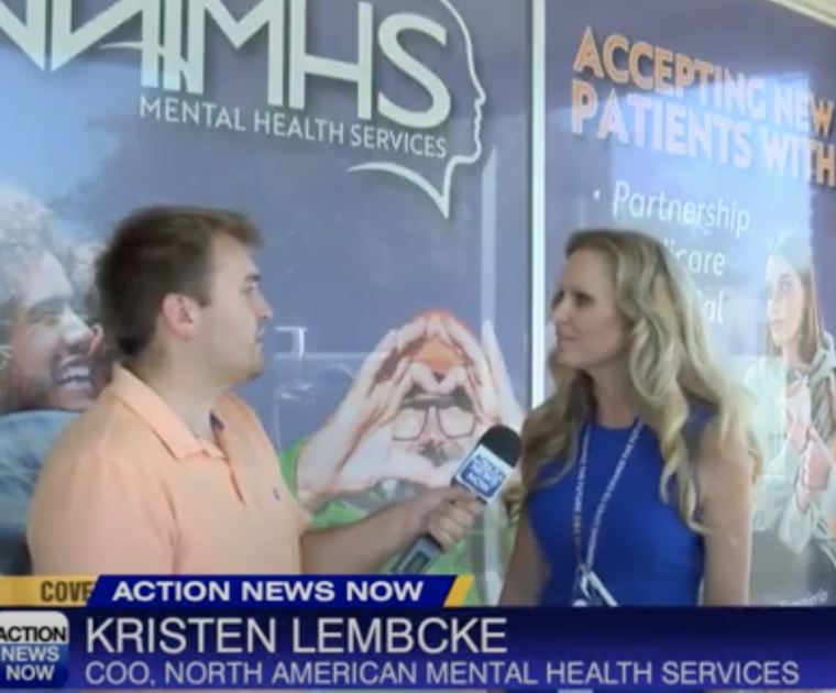 Photo of NAMHS COO Kristen Lembcke interviewed by Redding-area news station.